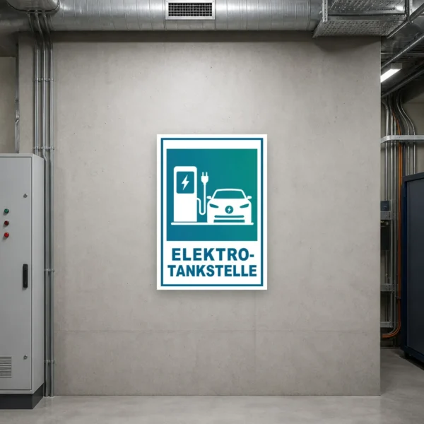 KI-generiertes Anwendungsbeispiel: Elektro-Tankstelle Aufkleber an einer modernen Ladestation mit klarem E-Auto-Symbol.