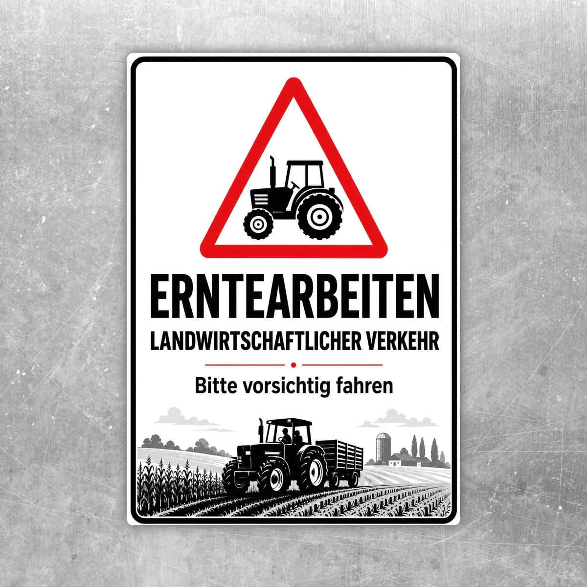 Erntearbeiten Aufkleber mit Traktor-Warnmotiv und dem Hinweis „landwirtschaftlicher Verkehr bitte vorsichtig fahren“ auf weißem Hintergrund.
