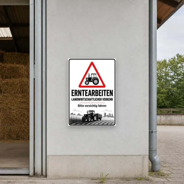 KI-generiertes Anwendungsbeispiel: Erntearbeiten Aufkleber mit Traktor-Warnsymbol, rotem Dreieck und Hinweis auf landwirtschaftlichen Verkehr.