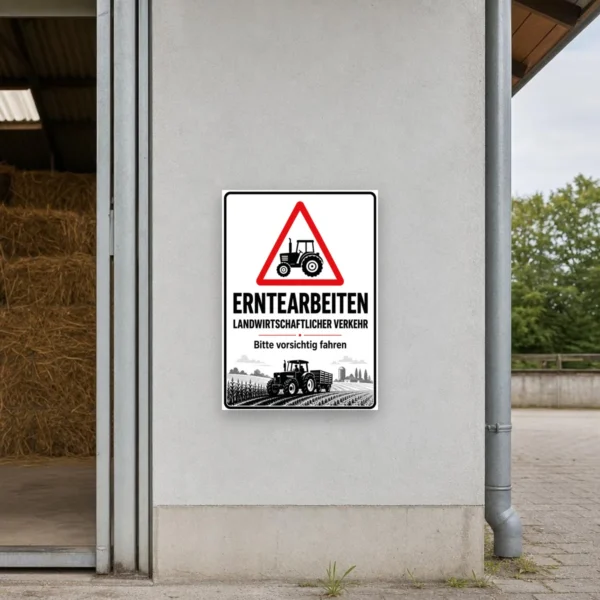 KI-generiertes Anwendungsbeispiel: Erntearbeiten Schild mit rotem Warndreieck, Traktor und dem Hinweis „Bitte vorsichtig fahren“ für Feldweg und Hofzufahrt.