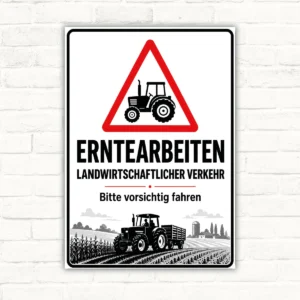 Erntearbeiten Schild mit Traktorsymbol und dem Text „Landwirtschaftlicher Verkehr – Bitte vorsichtig fahren“ als Warnschild.