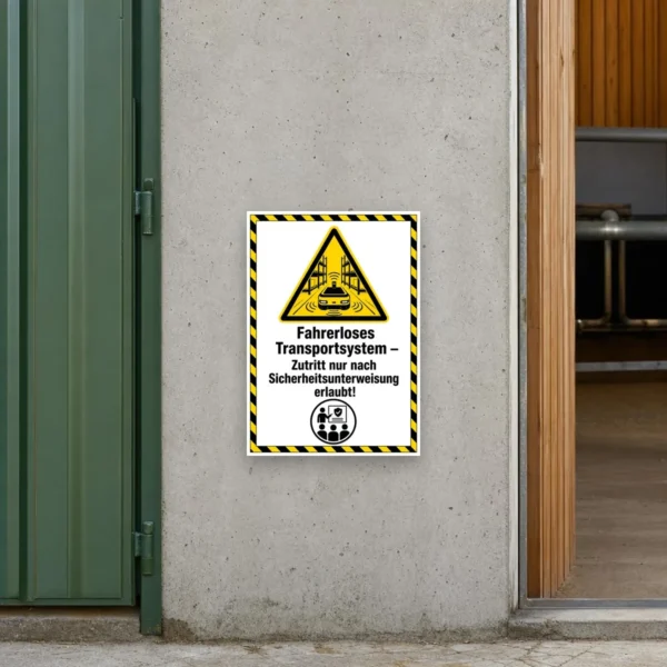 KI-generiertes Anwendungsbeispiel: Fahrerloses Transportsystem Warnaufkleber an einem Hallenzugang mit klarer Zutrittswarnung.