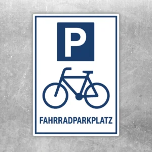 Blau-weißer Fahrradparkplatz Aufkleber im Hochformat mit Piktogramm, großem P-Symbol und der Beschriftung FAHRRADPARKPLATZ.