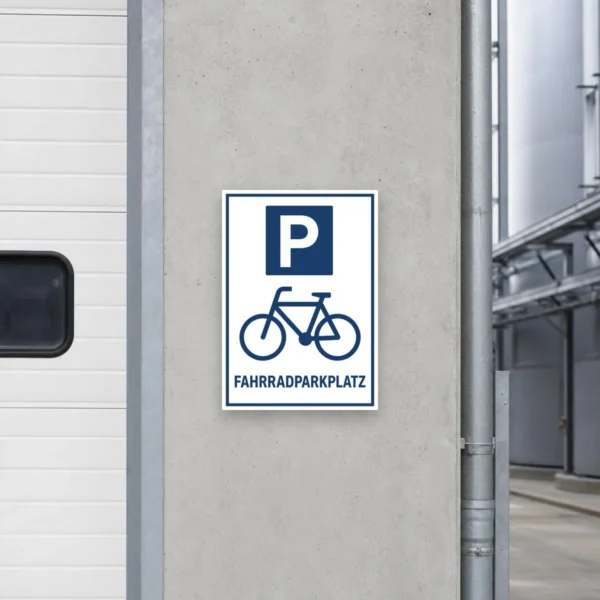 KI-generiertes Anwendungsbeispiel: Fahrradparkplatz Aufkleber im Hochformat, blau-weiß, zur Kennzeichnung eines Stellplatzes an glatter Fläche.