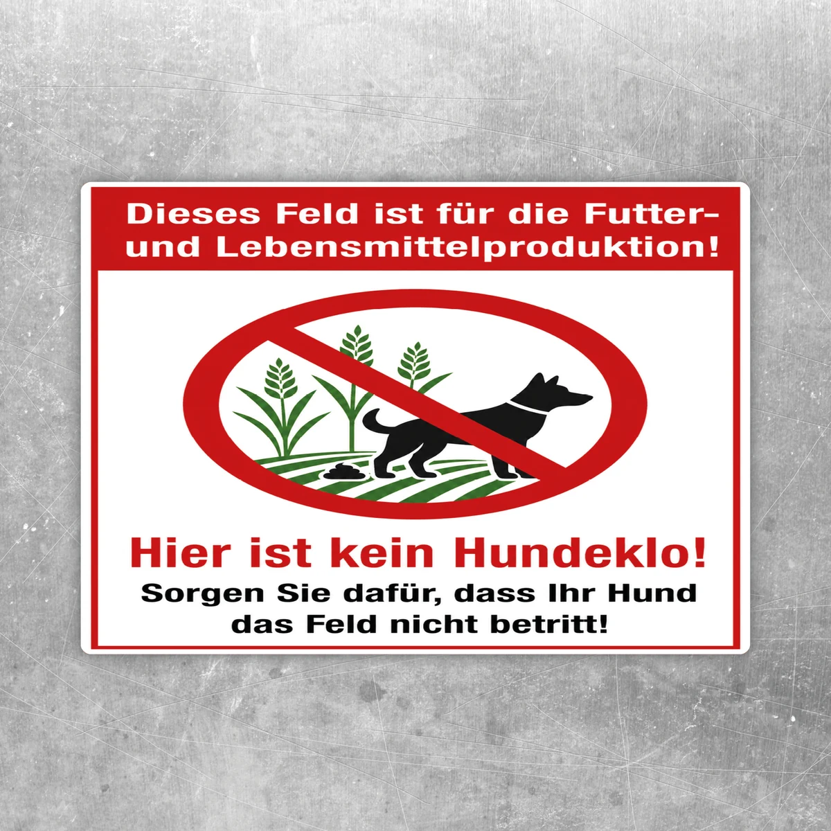 Hundeklo-Verbotsschild Aufkleber für Feld und Lebensmittelproduktion mit rotem Verbotssymbol und Hundemotiv