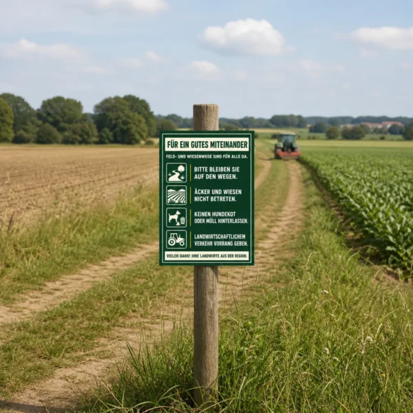 KI-generiertes Anwendungsbeispiel: Feld- und Wiesenwege Schild an einer Hofeinfahrt, um Spaziergänger freundlich auf den Weg zu führen.