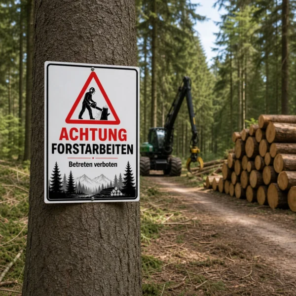 KI-generiertes Anwendungsbeispiel: Achtung Forstarbeiten Schild mit Betreten verboten an einem Waldweg während laufender Holzarbeiten.