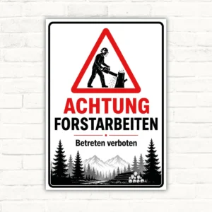 Achtung Forstarbeiten Schild mit rotem Warnsymbol und Text „Betreten verboten“ als bedrucktes Forst-Warnschild.