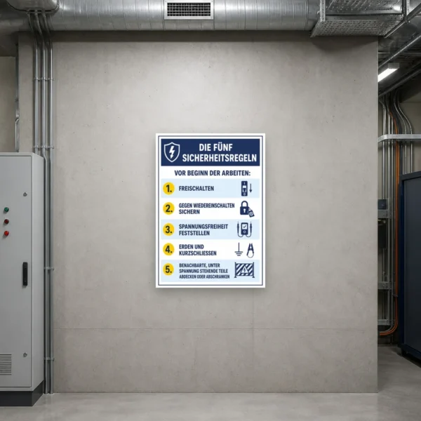 KI-generiertes Anwendungsbeispiel: Warnaufkleber Die fünf Sicherheitsregeln Elektrotechnik an einer Schaltschranktür im technischen Arbeitsbereich.