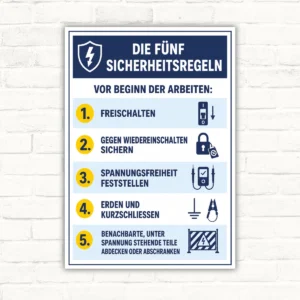 Warnschild mit den fünf Sicherheitsregeln der Elektrotechnik: Freischalten, sichern, Spannungsfreiheit feststellen.