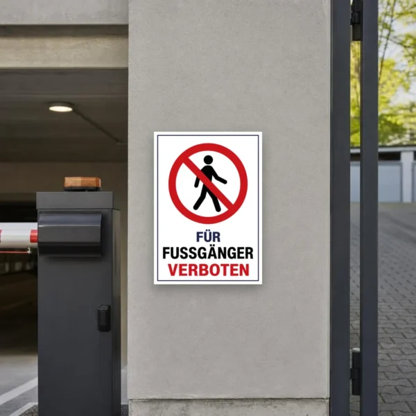 KI-generiertes Anwendungsbeispiel: Fußgänger verboten Aufkleber im Hochformat mit rotem Verbotssymbol und Text auf weißem Untergrund.