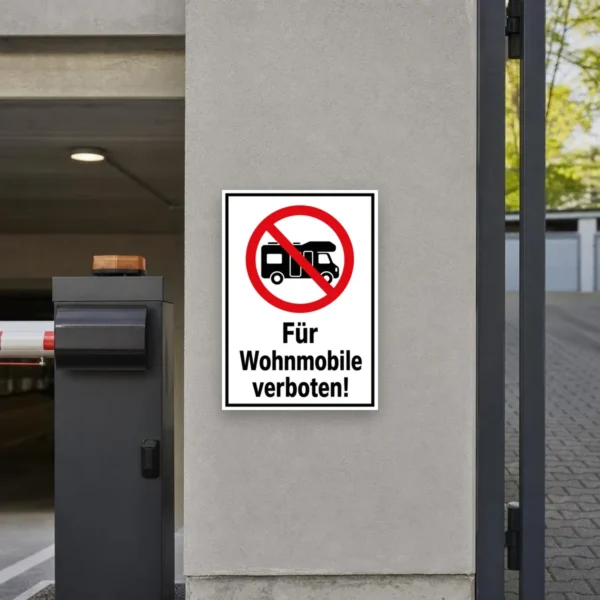 KI-generiertes Anwendungsbeispiel: Wohnmobile verboten Aufkleber an einer Zufahrt mit rotem Verbotszeichen und schwarzem Wohnmobil-Piktogramm