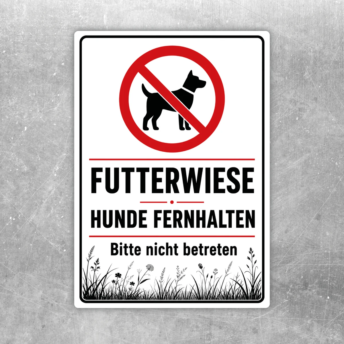 Hundeverbotsschild Futterwiese Aufkleber mit rotem Verbotssymbol, Hundepiktogramm und dem Text „Hunde fernhalten, bitte nicht betreten“.