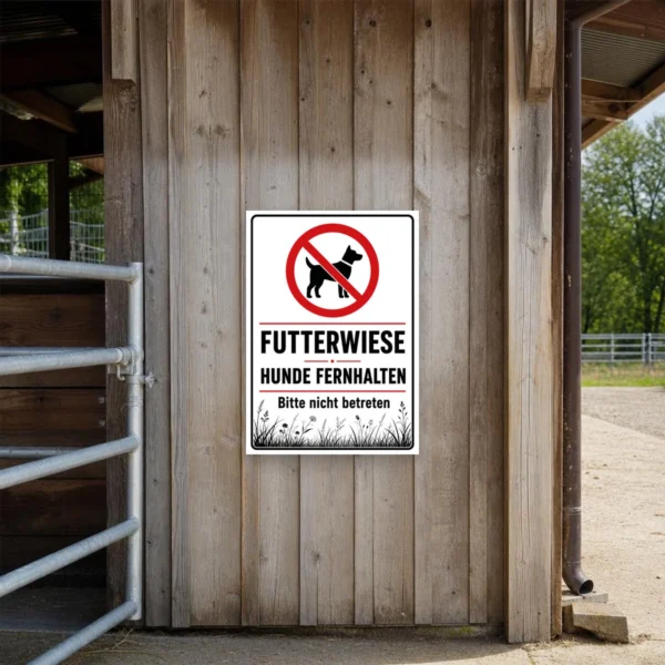 KI-generiertes Anwendungsbeispiel: Hundeverbotsschild Futterwiese mit rotem Verbotssymbol und dem Hinweis „Hunde fernhalten, Bitte nicht betreten“.