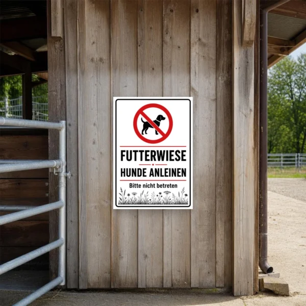 KI-generiertes Anwendungsbeispiel: Bedrucktes Hundeschild Futterwiese mit rotem Verbotssymbol und dem Text „Hunde anleinen – Bitte nicht betreten“.
