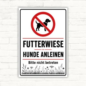 Hundeschild mit Motiv Futterwiese und Text „Hunde anleinen – Bitte nicht betreten“ als bedrucktes Schild.