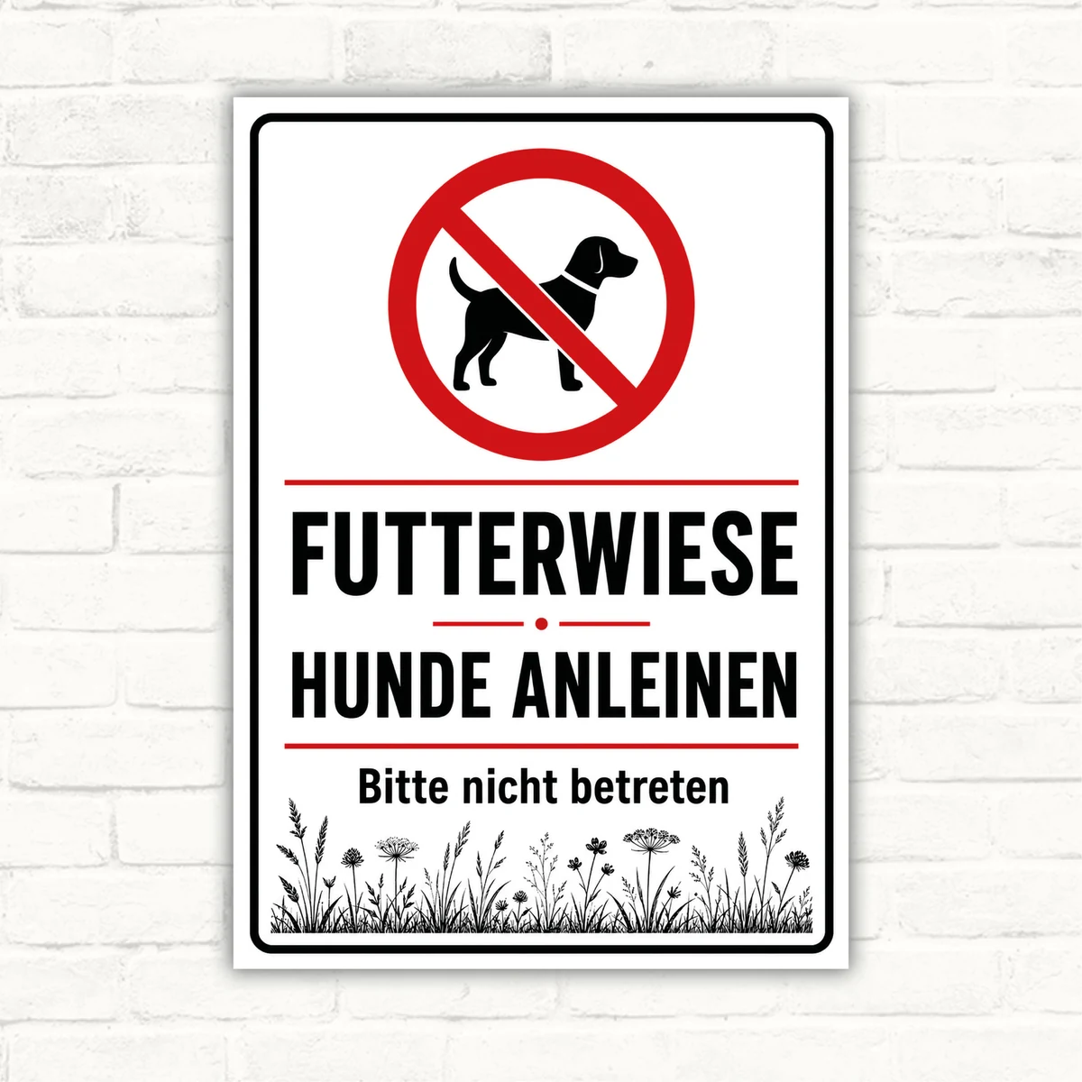 Hundeschild mit Motiv Futterwiese und Text „Hunde anleinen – Bitte nicht betreten“ als bedrucktes Schild.