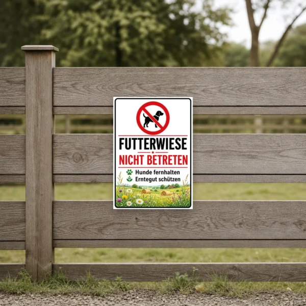 KI-generiertes Anwendungsbeispiel: Bedrucktes Futterwiese-nicht-betreten-Schild mit Hundesymbol und dem Hinweis „Hunde fernhalten – Erntegut schützen“.