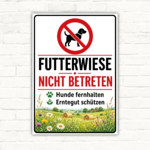 Bedrucktes Schild mit „Futterwiese nicht betreten“, Hundesymbol und Hinweis „Hunde fernhalten – Erntegut schützen“.