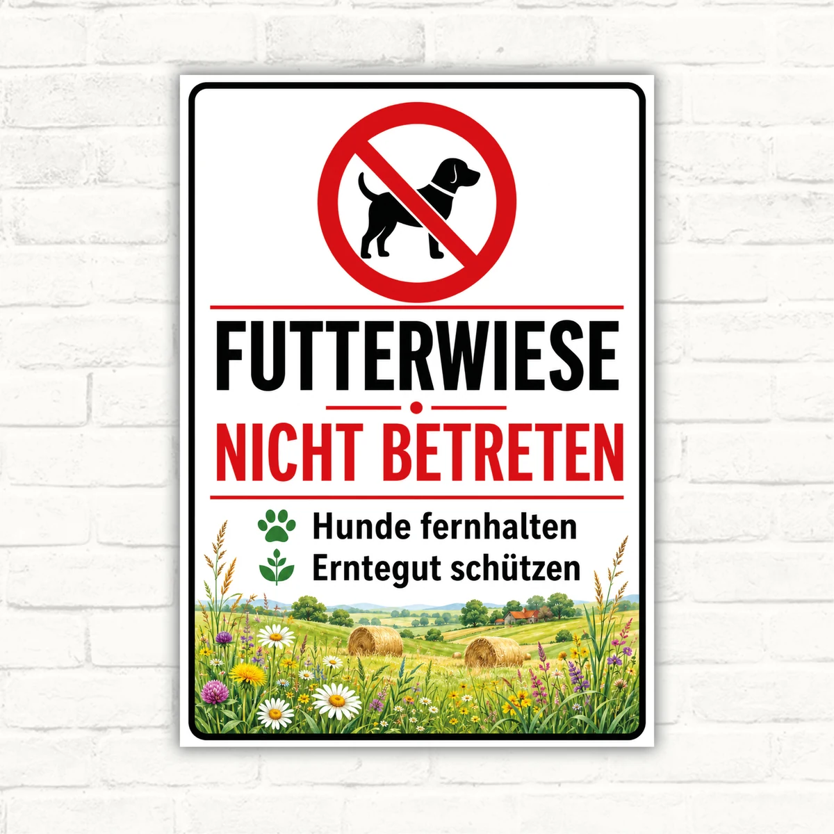 Bedrucktes Schild mit „Futterwiese nicht betreten“, Hundesymbol und Hinweis „Hunde fernhalten – Erntegut schützen“.