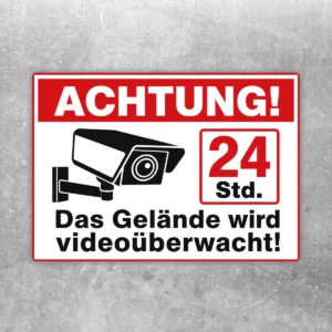 Videoüberwachungsschild 24 Std. Aufkleber mit Kamera, rotem Warnfeld und Text Das Gelände wird videoüberwacht.