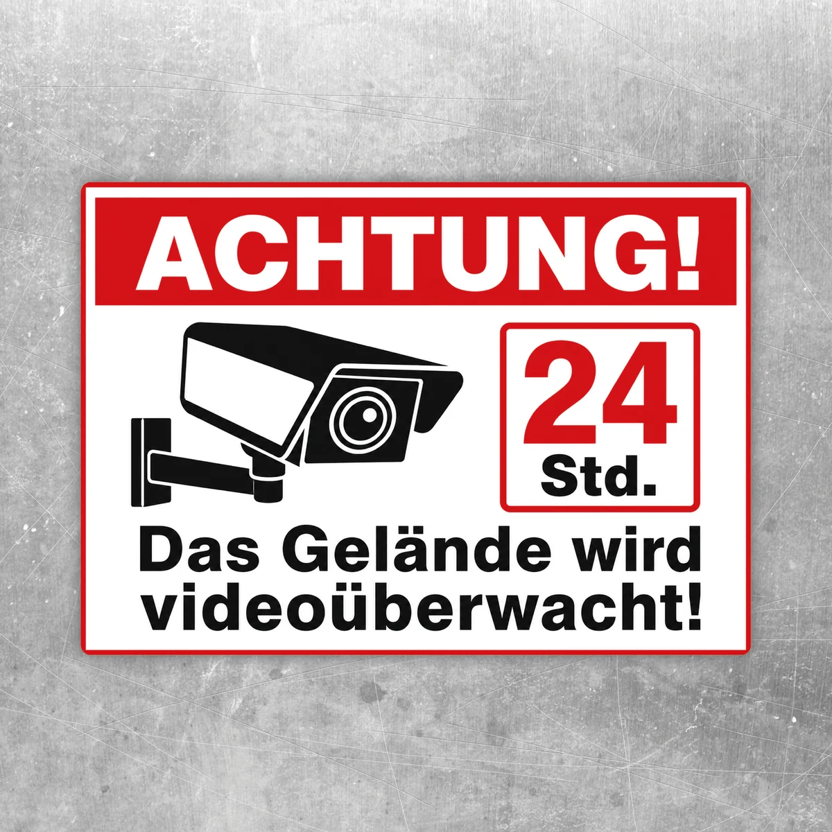 Videoüberwachungsschild 24 Std. Aufkleber mit Kamera, rotem Warnfeld und Text Das Gelände wird videoüberwacht.