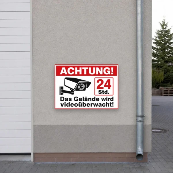 KI-generiertes Anwendungsbeispiel: Videoüberwachungsschild 24 Std. Aufkleber an einer grauen Metalltür mit klarer Warnwirkung.