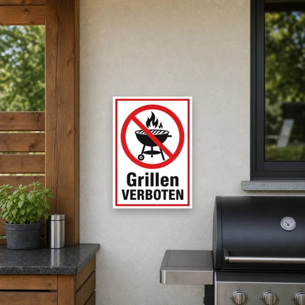 KI-generiertes Anwendungsbeispiel: Grillen verboten Schild mit rotem Verbotssymbol am Eingang eines Hofs, klar sichtbares Verbotsschild für außen.