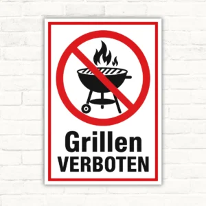 Grillen verboten Schild mit rotem Verbotssymbol und Grillmotiv auf weißem Hintergrund, als robustes Verbotsschild aus Aluminium-Verbundplatte.