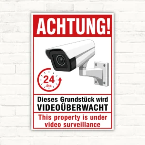 Videoüberwachungsschild mit Kamera und Aufdruck „ACHTUNG! Dieses Grundstück wird VIDEOÜBERWACHT“ sowie englischem Hinweis.