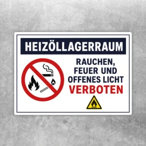 Heizöllagerraum Aufkleber mit rotem Verbotszeichen und Text zu Rauchen, Feuer und offenem Licht auf weißem Hintergrund.