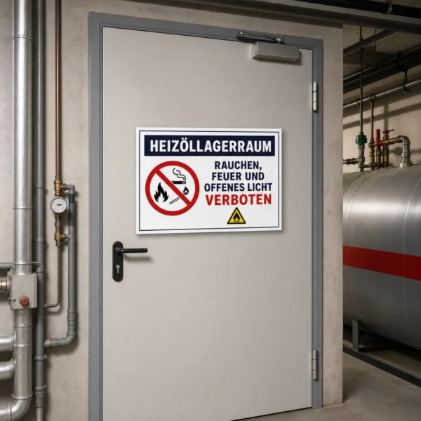 KI-generiertes Anwendungsbeispiel: Heizöllagerraum Schild mit Text „Rauchen, Feuer und offenes Licht verboten“ als gut sichtbares Verbotsschild an der Tür.