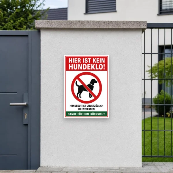 KI-generiertes Anwendungsbeispiel: Hundeklo Aufkleber im Hochformat an einem Zaun mit rotem Warnmotiv und gut lesbarem Hinweistext.