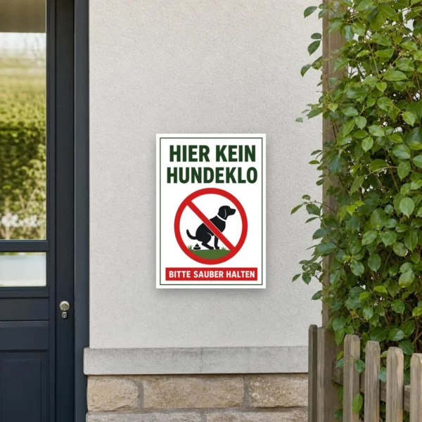 KI-generiertes Anwendungsbeispiel: Hundeverbotsschild „Hier kein Hundeklo“ mit „Bitte sauber halten“ an einem Vorgartenzaun zur klaren Flächenkennzeichnung.