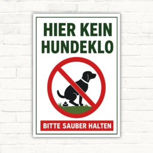 Hundeverbotsschild mit Text „Hier kein Hundeklo“ und „Bitte sauber halten“, rotem Verbotssymbol und Hundemotiv.