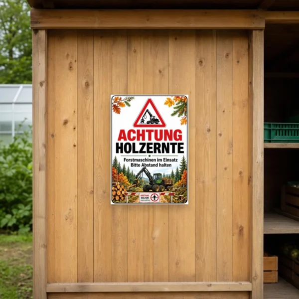 KI-generiertes Anwendungsbeispiel: Achtung Holzernte Schild mit Forstmaschine, Waldmotiv und dem Hinweis „Forstmaschinen im Einsatz Bitte Abstand halten“.