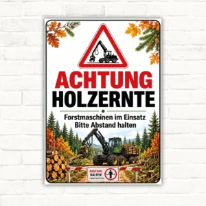 Achtung Holzernte Schild mit Forstmaschine, Warnsymbol und dem Text „Forstmaschinen im Einsatz Bitte Abstand halten“.