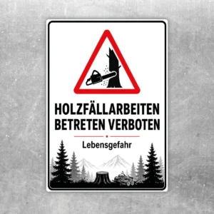 Holzfällarbeiten Betreten verboten Aufkleber mit rotem Warnsymbol, schwarzer Waldgrafik und dem Hinweis Lebensgefahr.