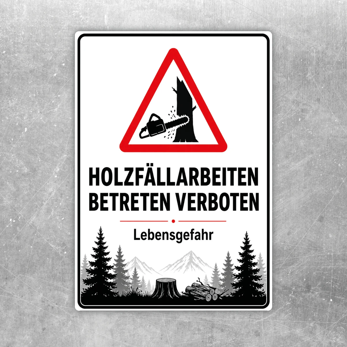 Holzfällarbeiten Betreten verboten Aufkleber mit rotem Warnsymbol, schwarzer Waldgrafik und dem Hinweis Lebensgefahr.