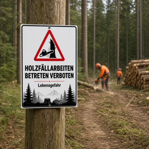 KI-generiertes Anwendungsbeispiel: Holzfällarbeiten Betreten verboten Schild an einem Waldweg, gut sichtbar für Passanten und Arbeitskräfte.