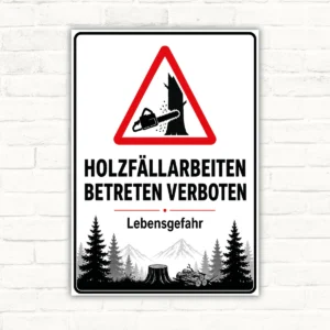 Holzfällarbeiten Betreten verboten Schild mit Warndreieck, Kettensäge und Lebensgefahr als robustes Forstschild.