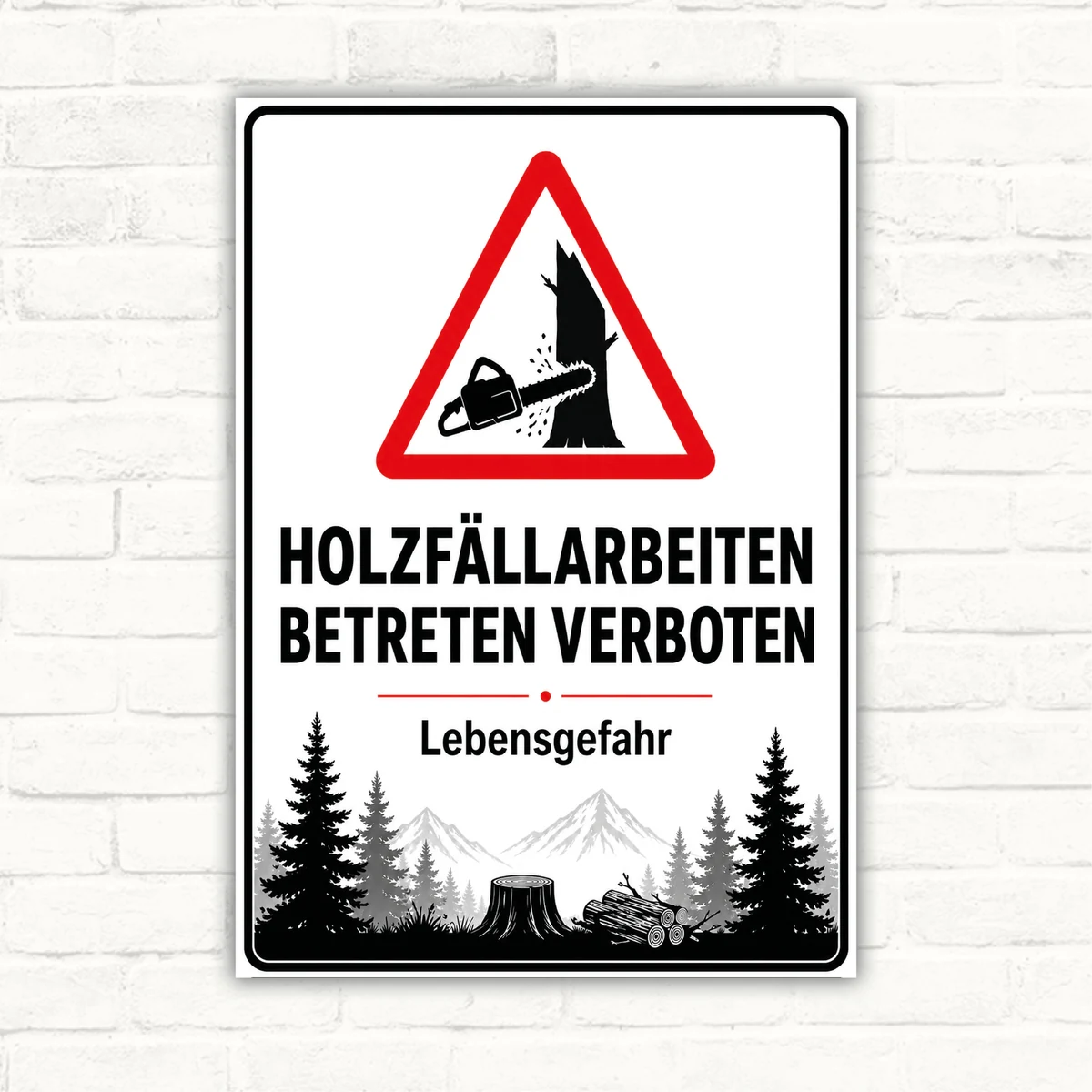 Holzfällarbeiten Betreten verboten Schild mit Warndreieck, Kettensäge und Lebensgefahr als robustes Forstschild.