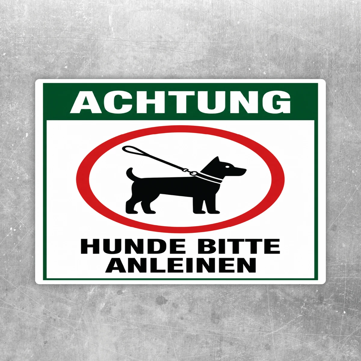 Aufkleber mit Hundesymbol und dem Text 'Hunde bitte anleinen' in Grün, Weiß, Rot und Schwarz.