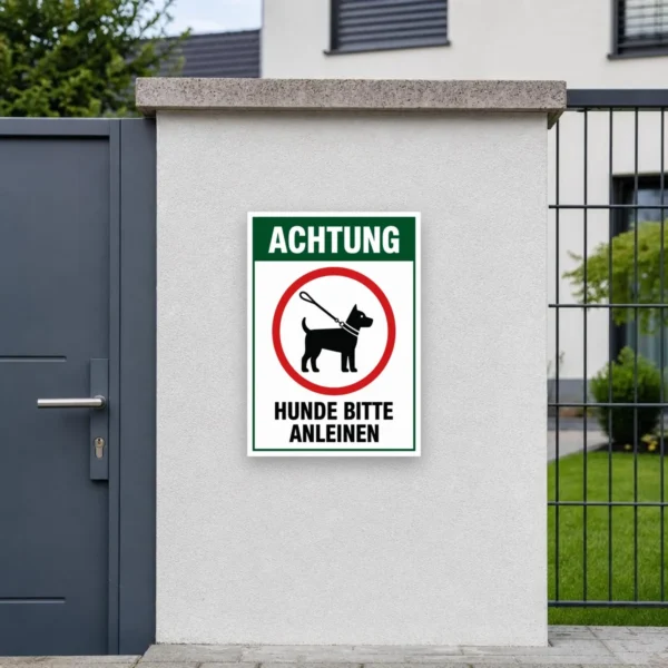 KI-generiertes Anwendungsbeispiel: Hunde bitte anleinen Aufkleber auf einer grauen Metallfläche mit klarer Warnwirkung.