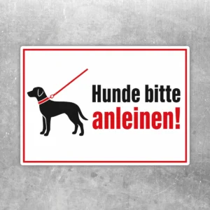 Hunde bitte anleinen Aufkleber mit schwarzer Hundesilhouette, roter Leine und rotem Rahmen auf weißem Hintergrund.