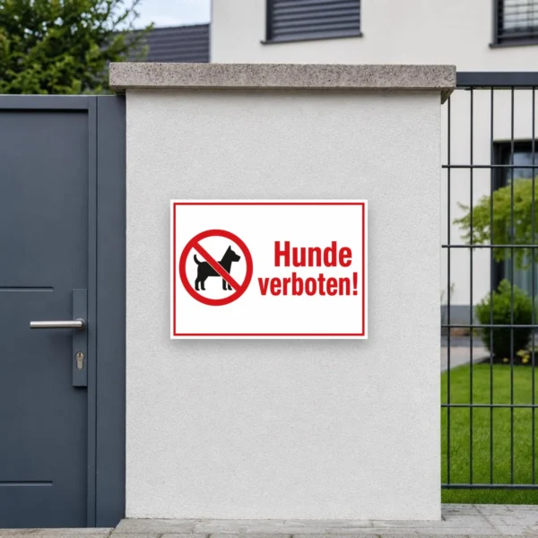 KI-generiertes Anwendungsbeispiel: Hundeverbotsschild mit rotem Verbotssymbol und „Hunde verboten!“ als Wandtafel am Eingang.