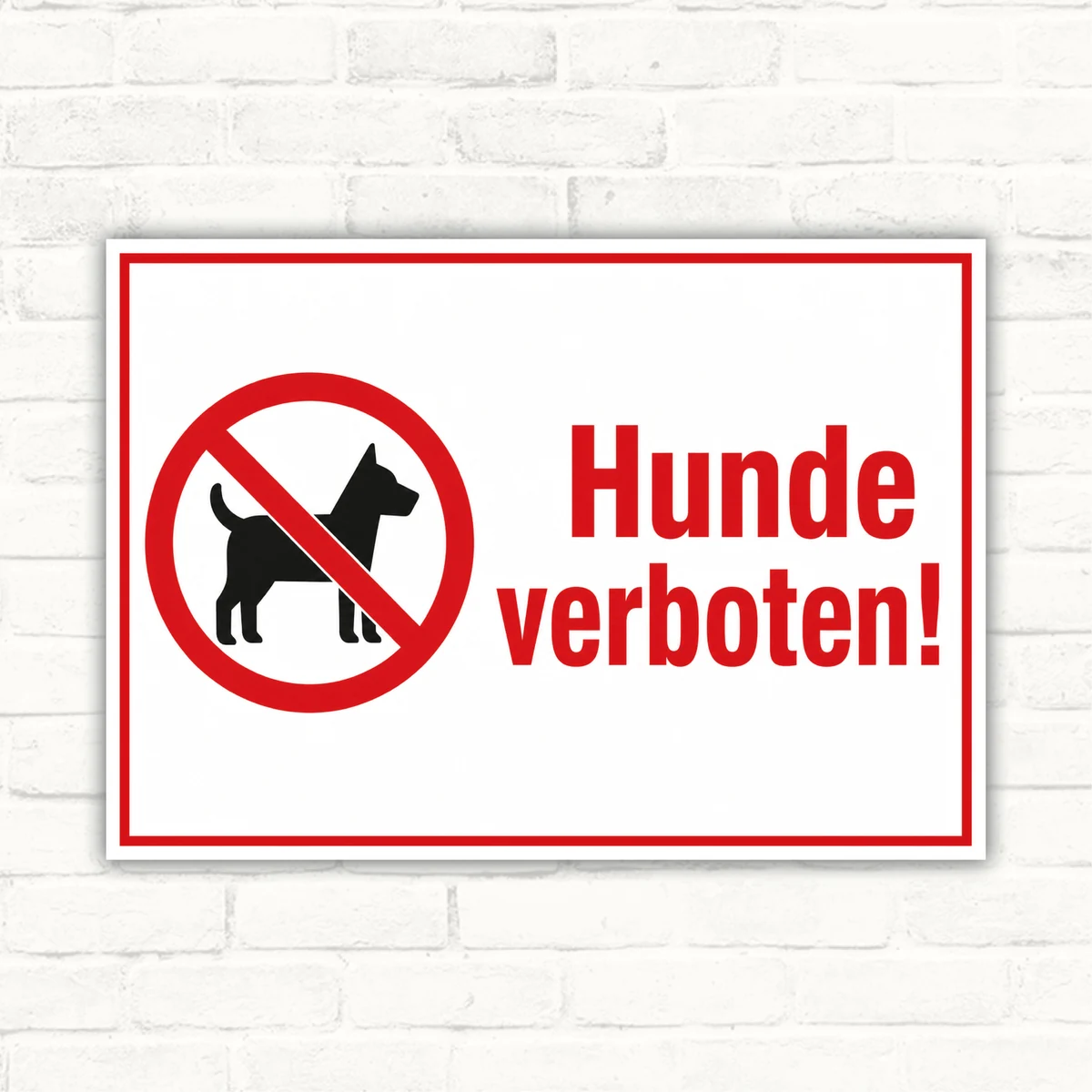 Hundeverbotsschild mit durchgestrichenem Hund und der Aufschrift „Hunde verboten!“ als bedrucktes Schild.