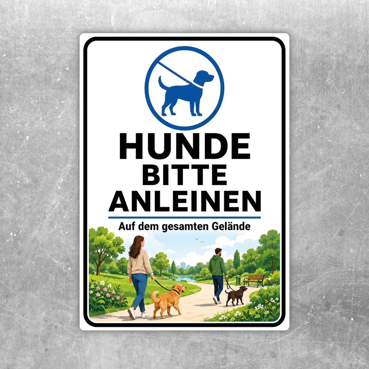 Hunde bitte anleinen Aufkleber mit blauem Verbotssymbol, großem Text und Zusatzhinweis für das gesamte Gelände.