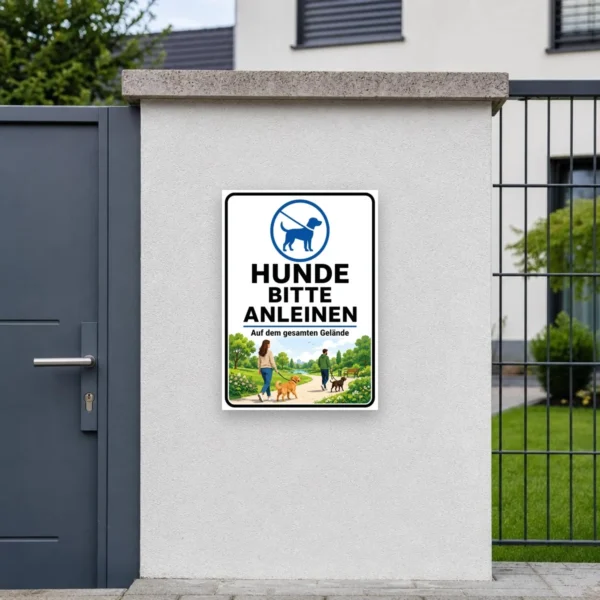 KI-generiertes Anwendungsbeispiel: Hunde bitte anleinen Aufkleber an einem Eingangsbereich mit gut sichtbarem Piktogramm und Text.