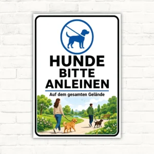 Bedrucktes Hundeschild mit Motiv Hund bitte anleinen und dem Hinweis „Auf dem gesamten Gelände“ im Hochformat.